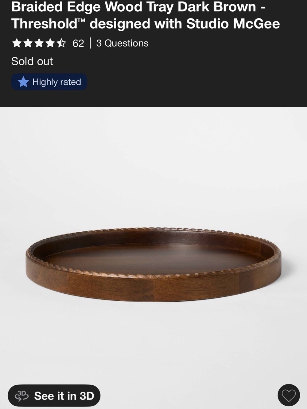 Threshold Dark Brown Braided Edge Wood Serving Tray
